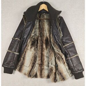 Montanaco Y2K Brown Faux Leather Shearling Jacket Sz M Removable Knit Cuffs Boho